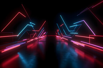 3d render, abstract panoramic red blue pink neon background with arrows showing right direction, glowing in the dark. generative ai