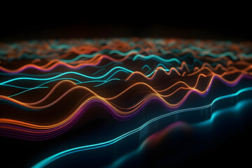 3d rendering, abstract background of colorful neon wavy line glowing in the dark. generative ai