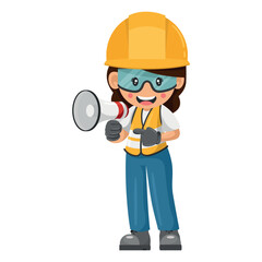 Wall Mural - Industrial construction worker woman making an announcement with a megaphone. Site supervisor engineer with personal protective equipment. Industrial safety and occupational health at work