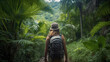 hiking woman in tropical jungle backpacker. Generative Ai