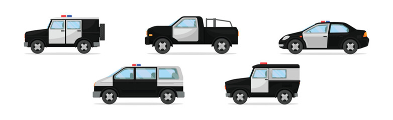 Wall Mural - Police Car or Radio Motor Patrol Vehicle with Siren Vector Set