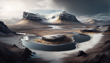 Wall Mural - Island of A Snowy Mountain With Curved River Landscape Background AI Generative