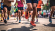 Close up of a Group of Men Runners Legs in a Road Race. Generative Ai