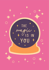 Magic ball fortune-teller  with positive quote on the pink isolated background. 