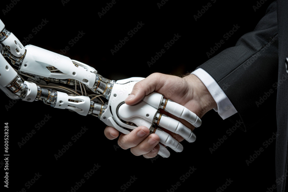 Modern android and human handshake. Artificial intelligence and human ...