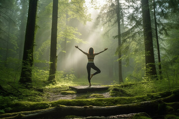 Yoga in a morning forest. Woman in a tree pose