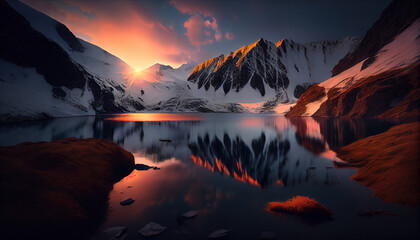 Wall Mural - Sunrise on A Mountain Lake Landscape Background AI Generative