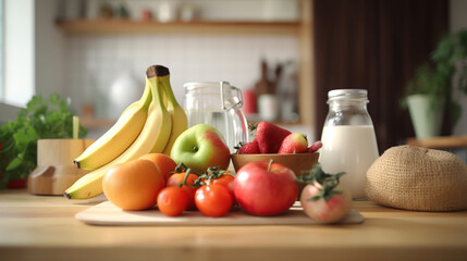 Variation of fruits, vegetables, dairy products on wooden countertop on blurred kitchen background. Generative Ai