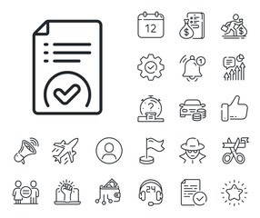 Wall Mural - Accepted file sign. Salaryman, gender equality and alert bell outline icons. Approved document line icon. Verification symbol. Approved document line sign. Spy or profile placeholder icon. Vector