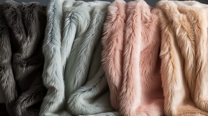 Wall Mural - Faux fur throw blankets in pastel hues. AI generated