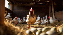Hen Lays Eggs At A Chicken Coop In A Group Of Chickens At A Bio Farm. Generative Ai