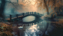 the wooded bridge and swans float over a river