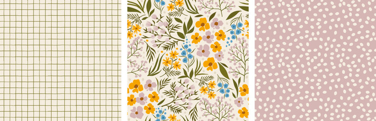 set of elegant floral seamless backgrounds. botany endless illustration. twigs and flowers, checkere