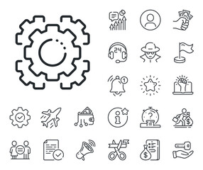 Settings cogwheel sign. Salaryman, gender equality and alert bell outline icons. Seo gears line icon. Traffic management symbol. Seo gear line sign. Spy or profile placeholder icon. Vector