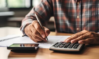 man using calculator to calculate home finance or tax refunds, managing household payment, business 