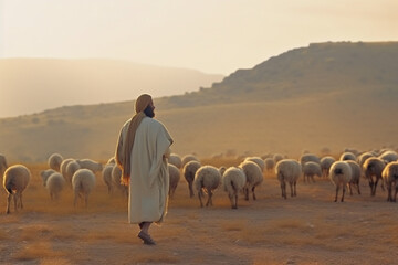 Wall Mural - Jesus as shepherd leading a herd of sheep. Generative AI illustration