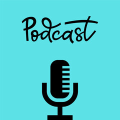 Podcast with microphone on blue background