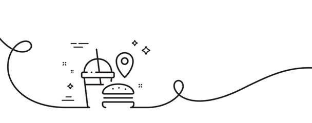 Food delivery line icon. Continuous one line with curl. Meal order location sign. Fast food symbol. Fast food single outline ribbon. Loop curve pattern. Vector