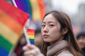 A oriental woman holding a rainbow flag in a crowd created with Generative AI technology