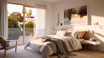 bedroom features a plush bed with textured layers of pillows and bedding, and warm ambient lighting,