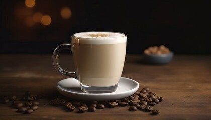 Nice Texture of Latte art on hot latte coffee with coffee beans beside it on a wooden table ai, ai generative, illustration