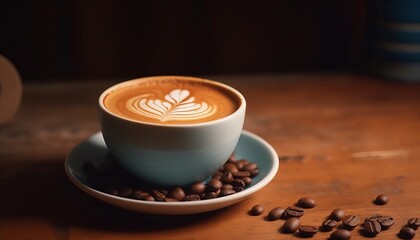 Nice Texture of Latte art on hot latte coffee with coffee beans beside it on a wooden table ai, ai generative, illustration