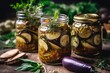 Colorful homemade jars of aubergines picked and preserved in oil - Generative AI