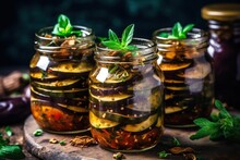 Colorful Homemade Jars Of Aubergines Picked And Preserved In Oil - Generative AI