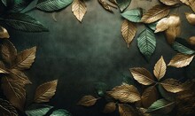  A Green And Gold Background With Gold Leaves On A Black Background.  Generative Ai