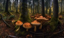  A Group Of Mushrooms In A Forest Filled With Mossy Trees.  Generative Ai