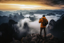 The Photographer Stands On A Peak With A Beautiful Mountain Landscape. Active Vacations Outdoor Adventure Travel Concept - Generative AI