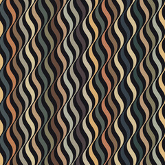 Canvas Print - Seamless abstract geometric pattern. Vertical multicolored wavy stripes on a black background. Thin lines in blue, brown, and green. Vintage style striped textile texture. Vector illustration.