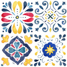 Watercolor Abstract Seamless Pattern Consisting Of Blue, Red, Yellow Elements And Mediterranean Tiles. Hand Painted Illustration Isolation On White Background For Design, Print, Fabric Or Background.