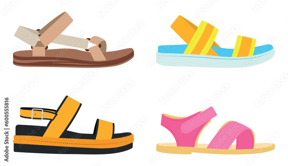 Set of colored summer sandals in cartoon style. Vector illustration of ...