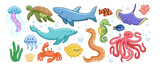 Fototapeta Pokój dzieciecy - Set marine animals. Cute ocean fish, jellyfish, turtle, shark, stingray, dolphin, crab, octopus. Underwater sea life creatures. Cartoon vector illustration for children