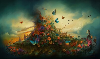 Wall Mural -  a painting of a castle with many butterflies flying around it.  generative ai