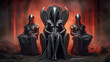 Three figures of alien rulers in chrome masks. Portraits of creatures that excel in the development of people. Illuminati and Reptilians. Created by AI