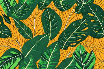  pattern with Tropical Leaves, Bring the jungle to your summer with a pattern of lush tropical leaves in shades of green, yellow, and orange