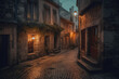 © Andrii  - A narrow, cobblestone street in an old European town, lined with charming stone buildings. Generative AI
