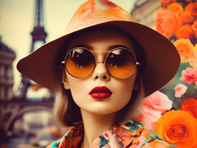 Fashion Woman Wearing Trendy Sunglasses And In A Straw Hat. Retro Style 60s Style Girl And In A Hat, Paris, Summer. Generative AI