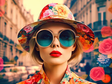 Fashion Woman Wearing Trendy Sunglasses And In A Textile Hat. Retro Style 60s Style Girl And In A Hat, Paris, Floral Collage. Generative AI