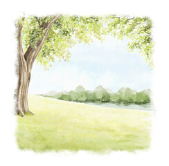 watercolor vintage summer composition with green landscape with trees, river and grass with vegetati