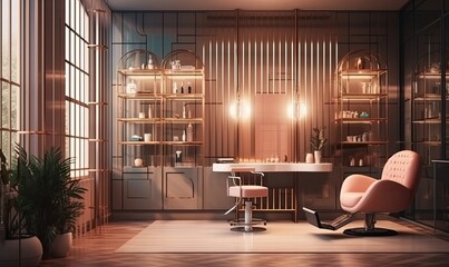 modern and elegant interior design of professional beauty salon and spa with luxury styling chair, g