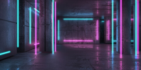 Wall Mural - Neon and blue neon beams in dark room