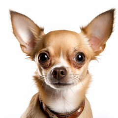 In this photo, a Chihuahua is standing in front of a white background, with a curious expression on its face. This breed is known for being the smallest dog in the world, with a distinctive apple-shap