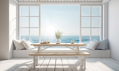 Wall Mural - Table background of white color with window and summer time, generative AI