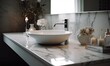 © Enigma - White bathroom interior, marble countertop on a blurred background of the bathroom interior, generative AI