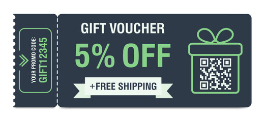 Discount coupon 5 percent off. Gift voucher with percentage marks, qr code and promo codes for website, internet ads, social media. Vector illustration