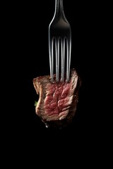 fork with slices of medium rare steak and place for text on black background. Delicious meat. generative AI