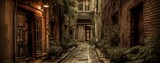 Fototapeta Miasta - A quiet alleyway with a hint of mystery. Horizontal banner. AI generated